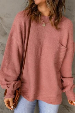 Outlet Dear-Lover Solid Color Puffy Sleeve Pocketed Sweater Fiery Red