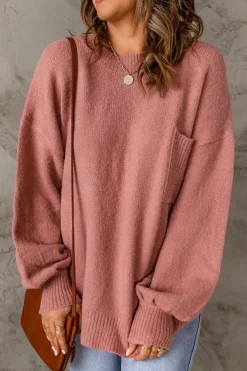 Outlet Dear-Lover Solid Color Puffy Sleeve Pocketed Sweater Fiery Red