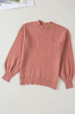Outlet Dear-Lover Solid Color Puffy Sleeve Pocketed Sweater Fiery Red
