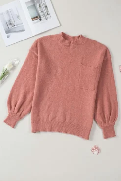 Outlet Dear-Lover Solid Color Puffy Sleeve Pocketed Sweater Fiery Red
