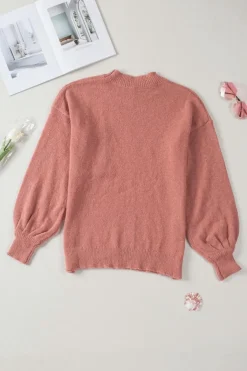 Outlet Dear-Lover Solid Color Puffy Sleeve Pocketed Sweater Fiery Red
