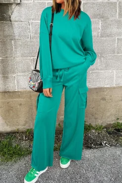 Fashion Dear-Lover Solid Color Pullover Top and Cargo Pants Set Lapis