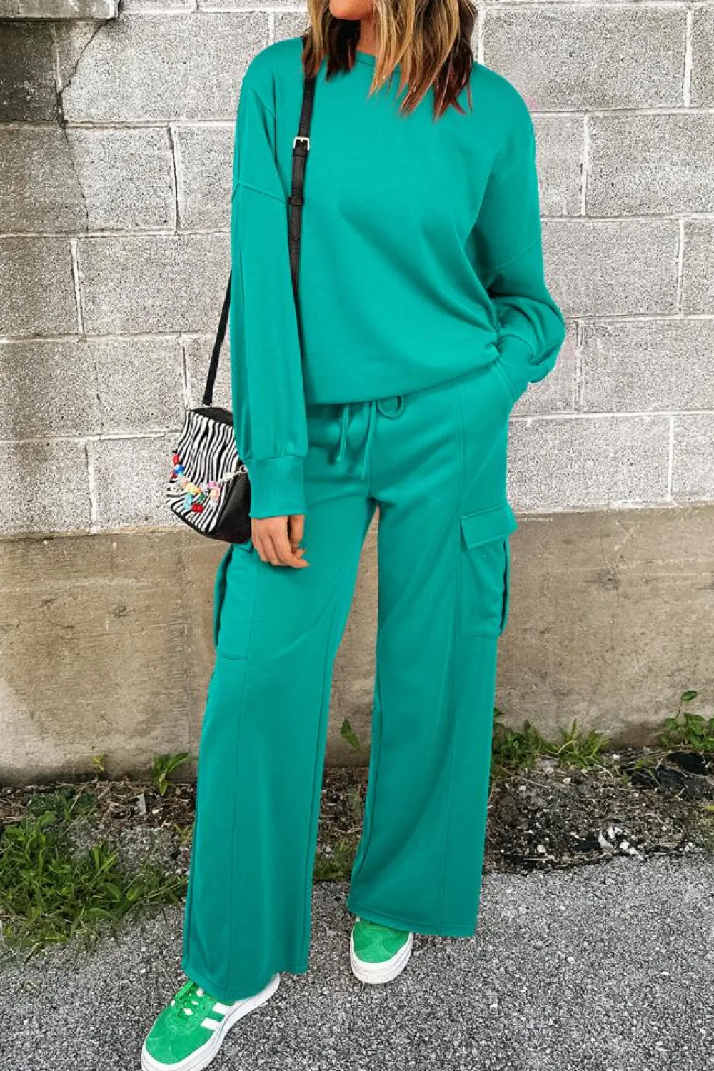 Fashion Dear-Lover Solid Color Pullover Top and Cargo Pants Set Lapis
