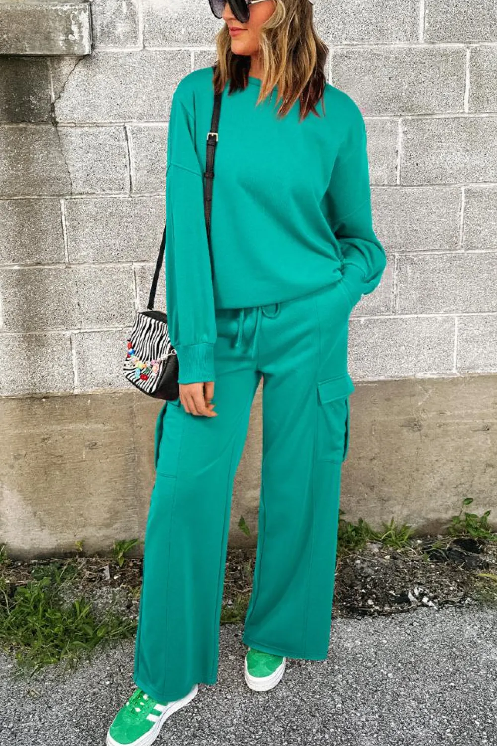 Fashion Dear-Lover Solid Color Pullover Top and Cargo Pants Set Lapis
