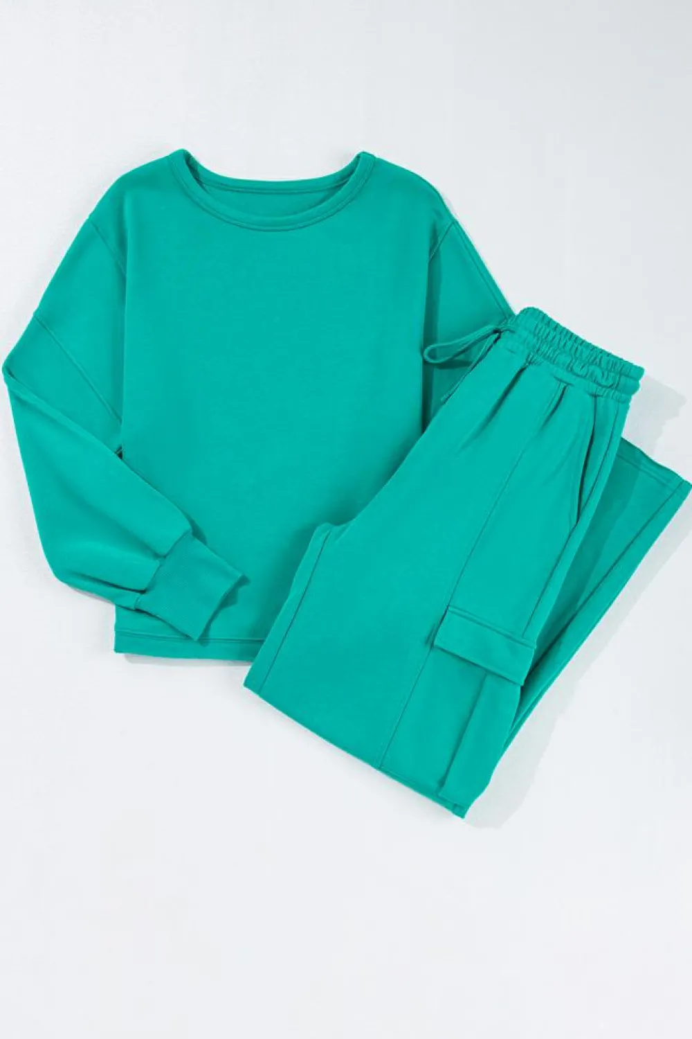 Fashion Dear-Lover Solid Color Pullover Top and Cargo Pants Set Lapis