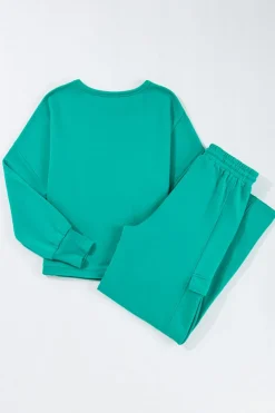 Fashion Dear-Lover Solid Color Pullover Top and Cargo Pants Set Lapis
