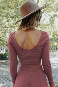 Best Dear-Lover Solid Color Ribbed Crop Top Long Pants Set Pink