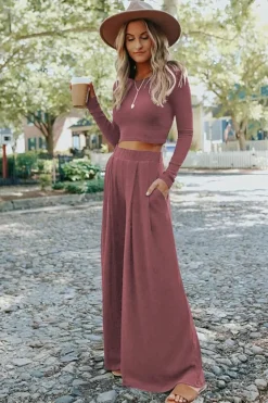 Best Dear-Lover Solid Color Ribbed Crop Top Long Pants Set Pink
