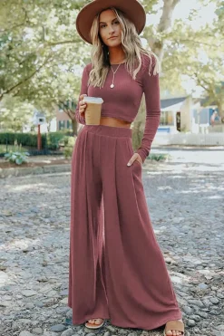 Best Dear-Lover Solid Color Ribbed Crop Top Long Pants Set Pink