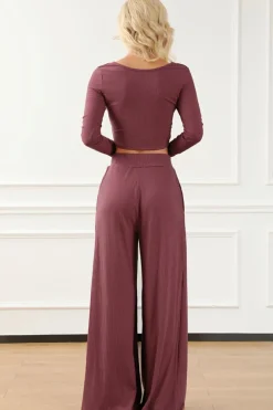 Best Dear-Lover Solid Color Ribbed Crop Top Long Pants Set Pink