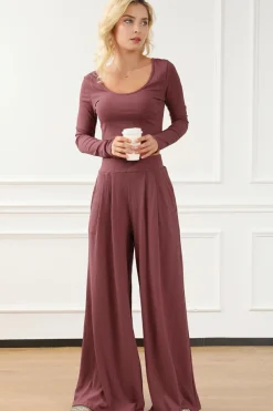 Best Dear-Lover Solid Color Ribbed Crop Top Long Pants Set Pink