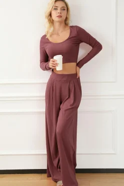 Best Dear-Lover Solid Color Ribbed Crop Top Long Pants Set Pink