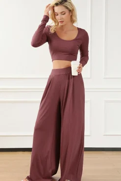 Best Dear-Lover Solid Color Ribbed Crop Top Long Pants Set Pink