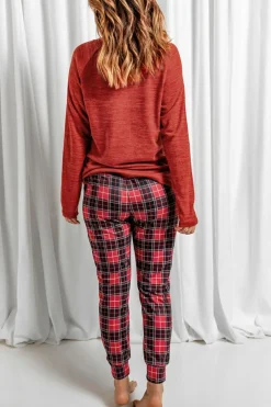 New Dear-Lover Solid Long Sleeve Top and Plaid Pants Loungewear Fiery Red