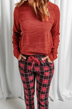 New Dear-Lover Solid Long Sleeve Top and Plaid Pants Loungewear Fiery Red
