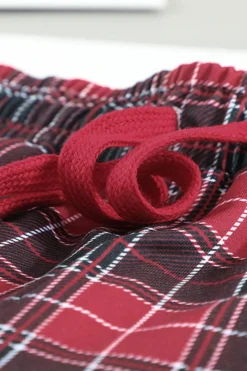 New Dear-Lover Solid Long Sleeve Top and Plaid Pants Loungewear Fiery Red