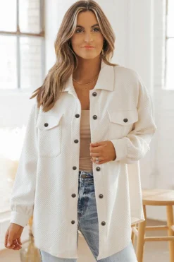 New Dear-Lover Solid Textured Flap Pocket Buttoned Shacket Beige