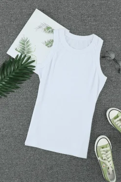 Fashion Dear-Lover Solid Round Neck Ribbed Tank Top White