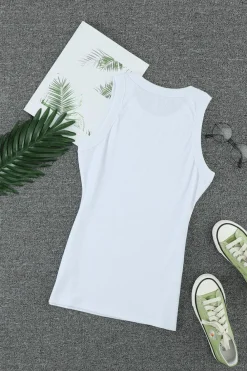 Fashion Dear-Lover Solid Round Neck Ribbed Tank Top White