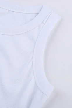 Fashion Dear-Lover Solid Round Neck Ribbed Tank Top White