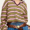 Online Dear-Lover Clashing Stripes Waffle Texture Notched Neck Long Sleeve Top Spinach Green