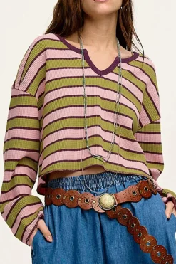 Online Dear-Lover Clashing Stripes Waffle Texture Notched Neck Long Sleeve Top Spinach Green