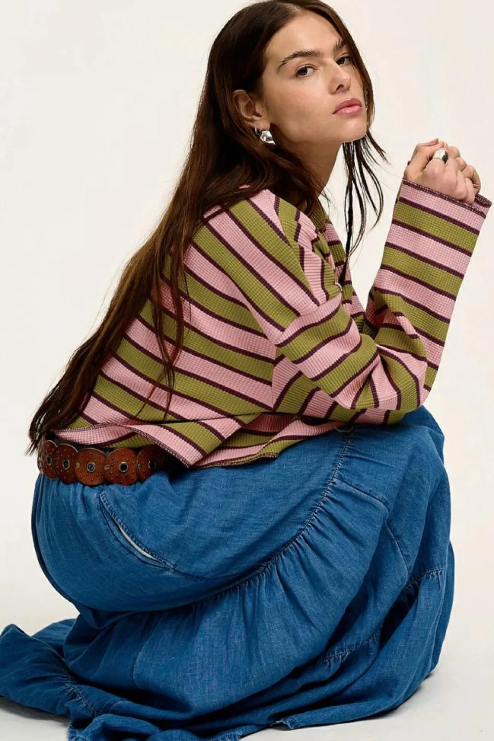 Online Dear-Lover Clashing Stripes Waffle Texture Notched Neck Long Sleeve Top Spinach Green