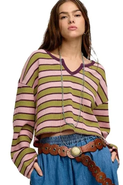 Online Dear-Lover Clashing Stripes Waffle Texture Notched Neck Long Sleeve Top Spinach Green