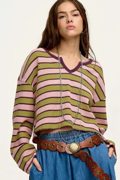 Online Dear-Lover Clashing Stripes Waffle Texture Notched Neck Long Sleeve Top Spinach Green