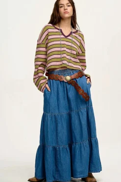 Online Dear-Lover Clashing Stripes Waffle Texture Notched Neck Long Sleeve Top Spinach Green