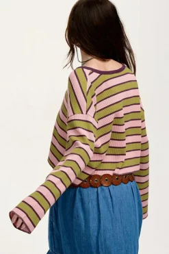 Online Dear-Lover Clashing Stripes Waffle Texture Notched Neck Long Sleeve Top Spinach Green