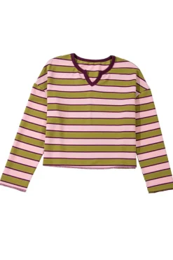 Online Dear-Lover Clashing Stripes Waffle Texture Notched Neck Long Sleeve Top Spinach Green