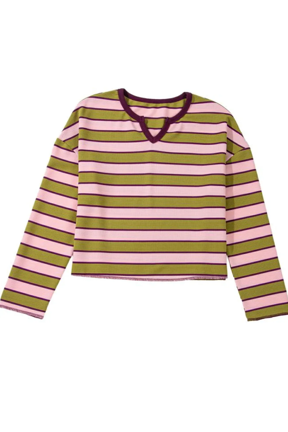 Online Dear-Lover Clashing Stripes Waffle Texture Notched Neck Long Sleeve Top Spinach Green