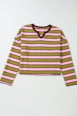 Online Dear-Lover Clashing Stripes Waffle Texture Notched Neck Long Sleeve Top Spinach Green