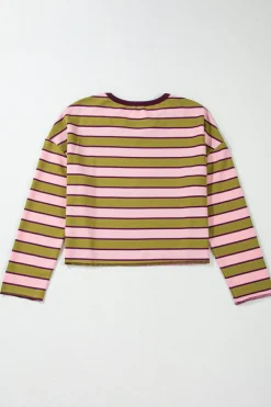 Online Dear-Lover Clashing Stripes Waffle Texture Notched Neck Long Sleeve Top Spinach Green