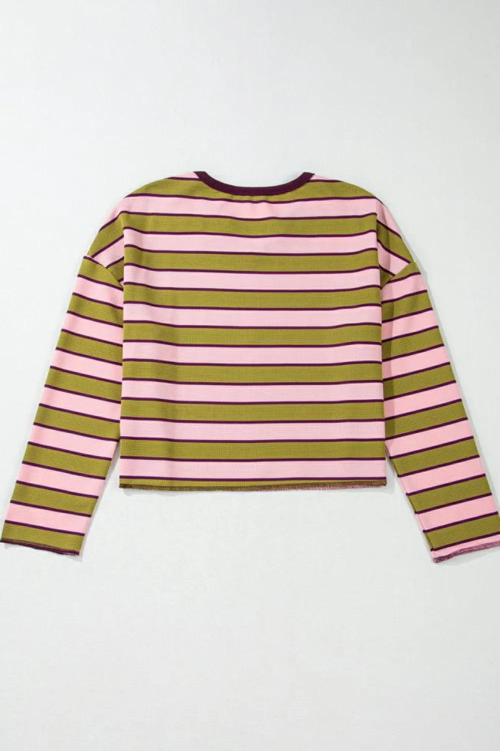 Online Dear-Lover Clashing Stripes Waffle Texture Notched Neck Long Sleeve Top Spinach Green