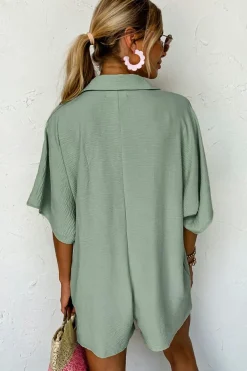 Clearance Dear-Lover Half Button Collared Loose Romper Spinach Green