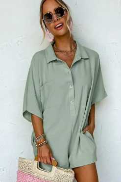 Clearance Dear-Lover Half Button Collared Loose Romper Spinach Green