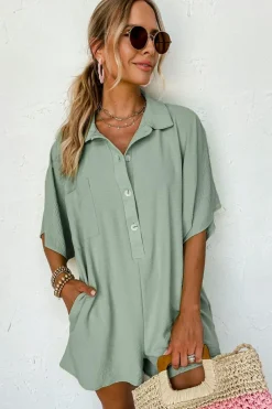 Clearance Dear-Lover Half Button Collared Loose Romper Spinach Green