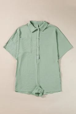 Clearance Dear-Lover Half Button Collared Loose Romper Spinach Green
