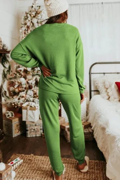 Clearance Dear-Lover Long Sleeve Pullover and Jogger Pants Lounge Set Spinach Green
