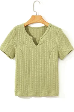 New Dear-Lover Textured Knit Slim Fit Notch V Neck T Shirt Spinach Green