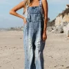 Best Dear-Lover Distressed Bib Pocket Wide Leg Denim Overall Stone Blue
