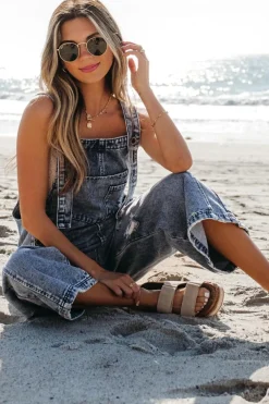 Best Dear-Lover Distressed Bib Pocket Wide Leg Denim Overall Stone Blue