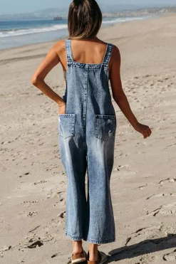 Best Dear-Lover Distressed Bib Pocket Wide Leg Denim Overall Stone Blue
