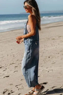 Best Dear-Lover Distressed Bib Pocket Wide Leg Denim Overall Stone Blue