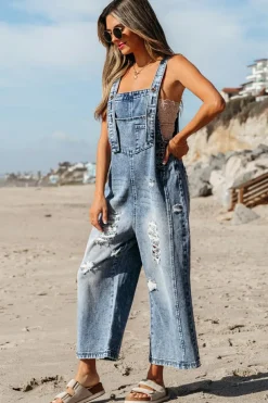Best Dear-Lover Distressed Bib Pocket Wide Leg Denim Overall Stone Blue