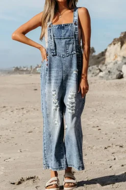 Best Dear-Lover Distressed Bib Pocket Wide Leg Denim Overall Stone Blue