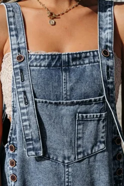 Best Dear-Lover Distressed Bib Pocket Wide Leg Denim Overall Stone Blue