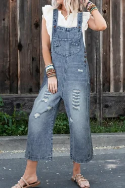 Best Dear-Lover Distressed Bib Pocket Wide Leg Denim Overall Stone Blue